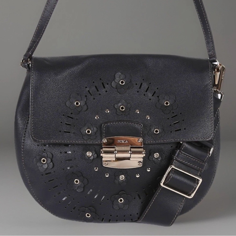 Furla Club Floral Crossbody Saddlebag Cutouts Black Calf’s Skin Leather EUC